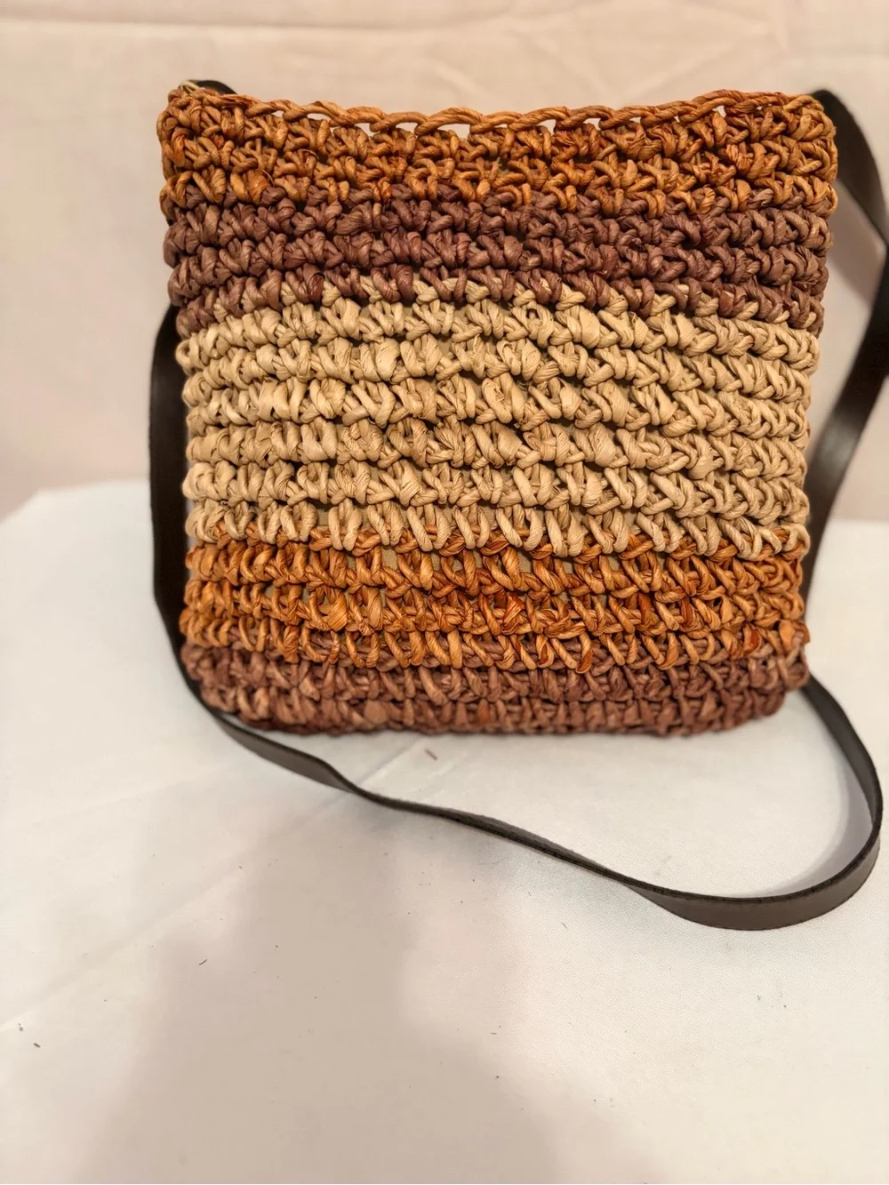 Woven Straw Raffia Crossbody Bag in Beige and Brown